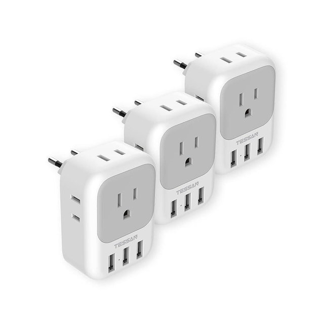 TESSAN 3 Pack European Travel Plug Adapter, US to Europe Power Adapter with 4 AC Outlets and 3 USB, Type C Charger Adaptor Converter for USA to EU Italy France Spain Iceland Greece Germany Paris