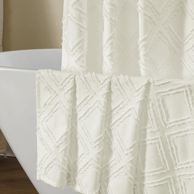 OWENIE Cream Shower Curtain Set, Jacquard Geometric Textured Fabric Boho Shower Curtain for Bathroom, Soft Hotel Style Farmhouse Shower Curtains Grommet Top 12 Hooks, Machine Washable, 72x72, Cream