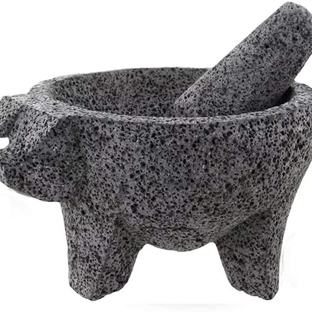 YOPIDO 9 inch Molcajete Mortar and Pestle with Pig Design, Mexican Handmade with Quality Lava Ideal as Herb Bowl, Spice Grinder, Volcanic Stone