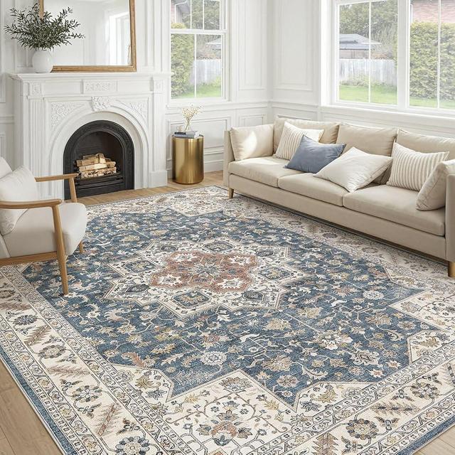 Vintage Living Room Area Rug 8x10 - Large Soft Washable Oriental Traditional Distressed Farmhouse Rugs for Bedroom - Indoor Floor Accent Carpet for Home Office House Decor - Vintage Blue