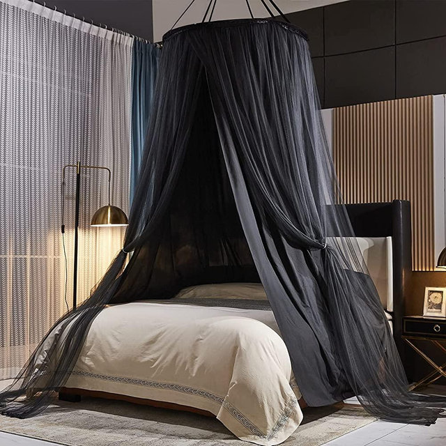 Kertnic Luxurious Bed Canopy for Girls & Adults, Large Elegant Double Layer Bed Curtain Canopy Drapes, Round Dome Lace Princess Canopies Netting (Black)