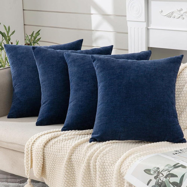 GAWAMAY Decorative Square Throw Pillow Covers 18x18 Inch Set of 4, Super Soft Chenille Pillows Farmhouse Fall Pillowcase for Living Room Bedroom Sofa Couch Cushion Cover Navy Blue 45x45cm