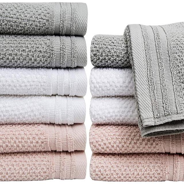 Pleasant Home Washcloths Set - 12 Pack (12” x 12”) – 488 GSM- 100% Ring Spun Cotton Wash Cloth - Super Soft and Highly Absorbent Face Towels (Light Grey Combo, Popcorn Design)