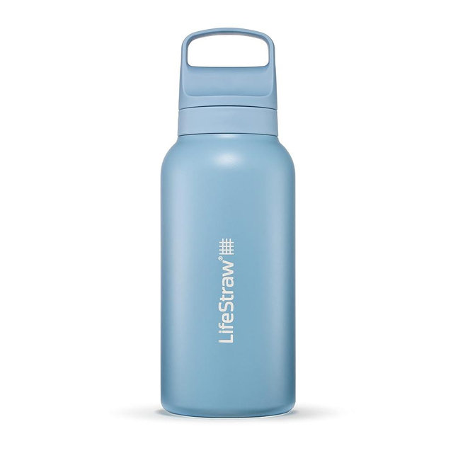 LifeStraw Go Series – Insulated Stainless Steel Water Filter Bottle for travel and everyday use removes bacteria, parasites and microplastics, improves taste, 1L Icelandic Blue