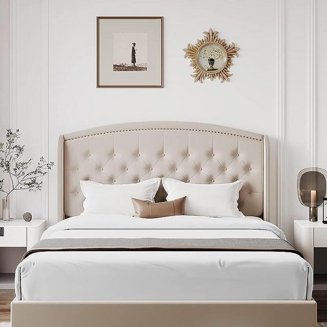Homhougo Queen Size Bed Frame, Upholstered Platform Bed with Wingback Headboard, Heavy Duty Button Tufted Bed Frame with Wood Slat Support, Easy Assembly, No Box Spring Needed, Off White