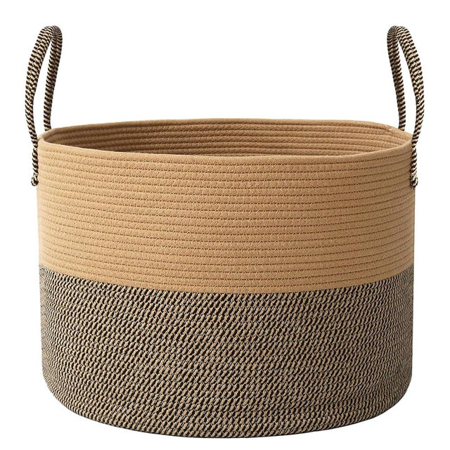 JMvicyroam Woven Blanket Basket,65L Large Rope Storage Bin with Handles, Organizer for Blankets Toys Book and Clothes, Laundry Basket for Living Room Bedroom Nursery,Jute&Black