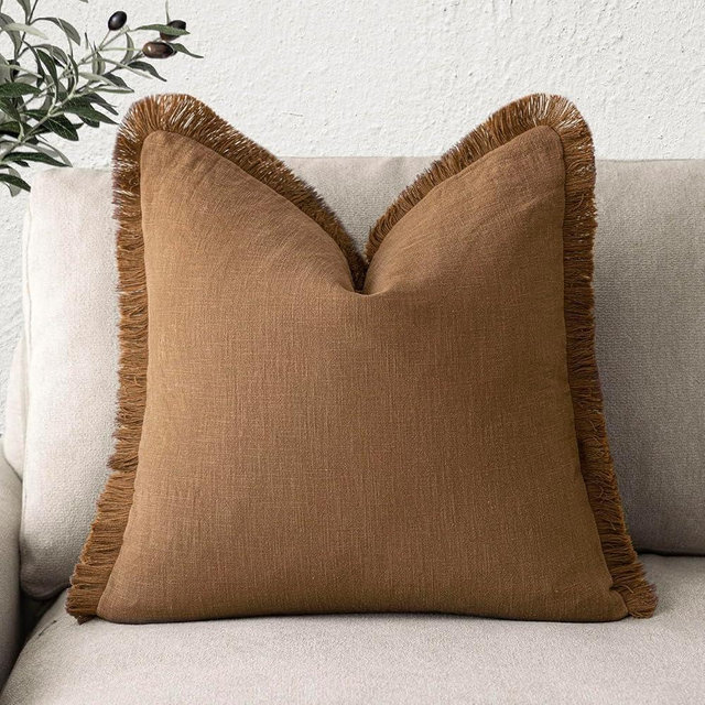 Foindtower Decorative Linen Fringe Throw Pillow Covers Cozy Boho Farmhouse Cushion Cover with Tassels Soft Accent Pillowcase for Chair Sofa Bed Living Room Home Decor, 22×22 Inch, 1PC,Orange Brown