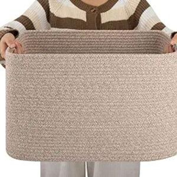 OIAHOMY Cotton Rope Basket, Rectangle Woven Nursery Blanket Basket, Toy Storage Basket with Handle, Baskets for Organizing, 18”x14”x12”, Brown variegated