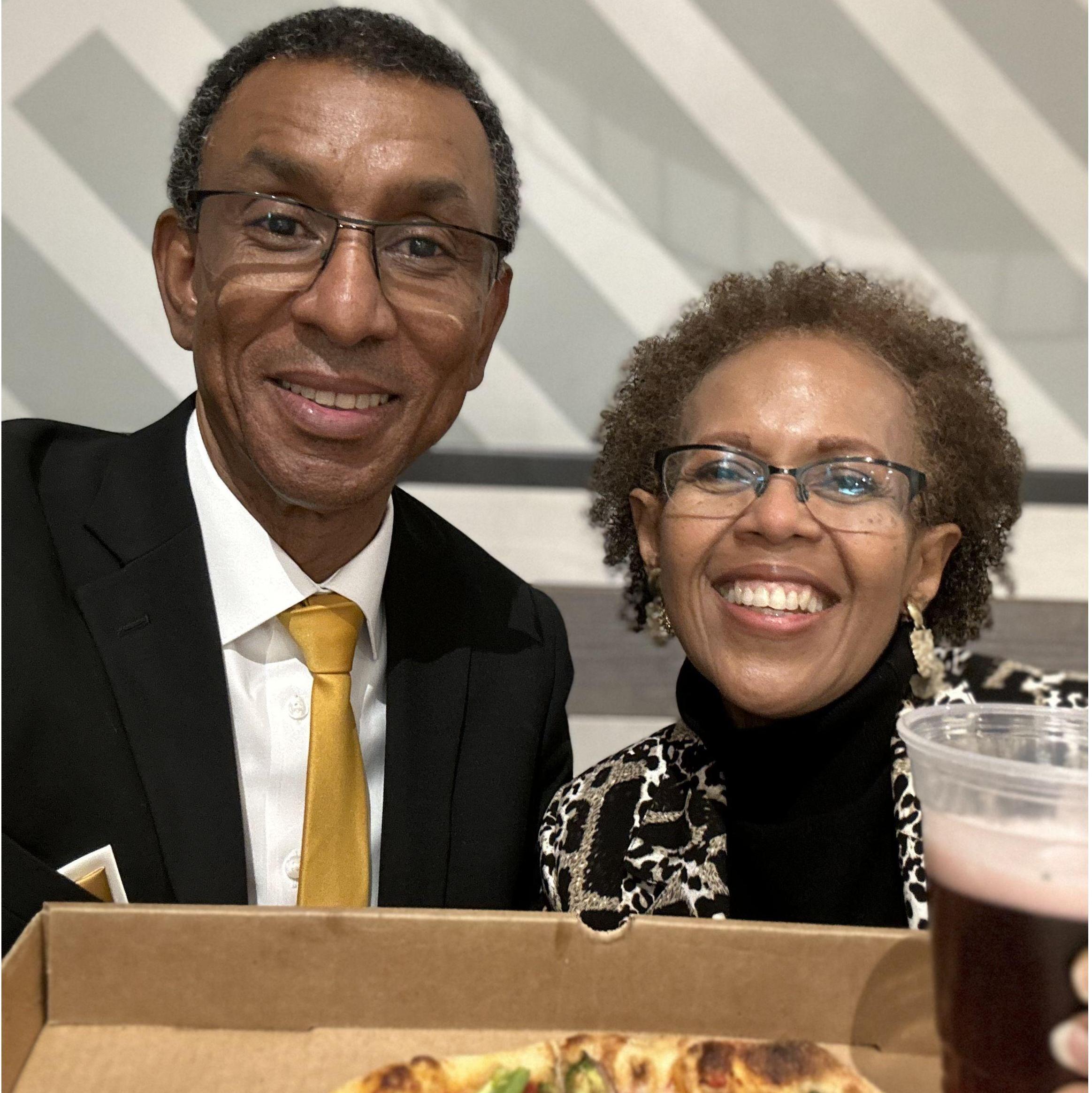 Celebrating the small joys of life - our second anniversary as a couple - with vegan pizza and sparkling pomegranate apple cider, after Alpha Phi Alpha Fraternity's 47th Annual MLK Day observance at Mount Olive Baptist Church.