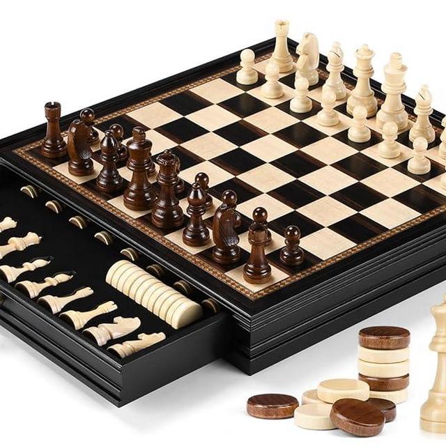 Peradix Magnetic Chess Checkers Board Sets with 2 Built-in Storage Drawers,15" Classic 2 in 1 Wooden Games with 2 Extra Queens for Kids and Adults,Travel Portable Chess Game Set