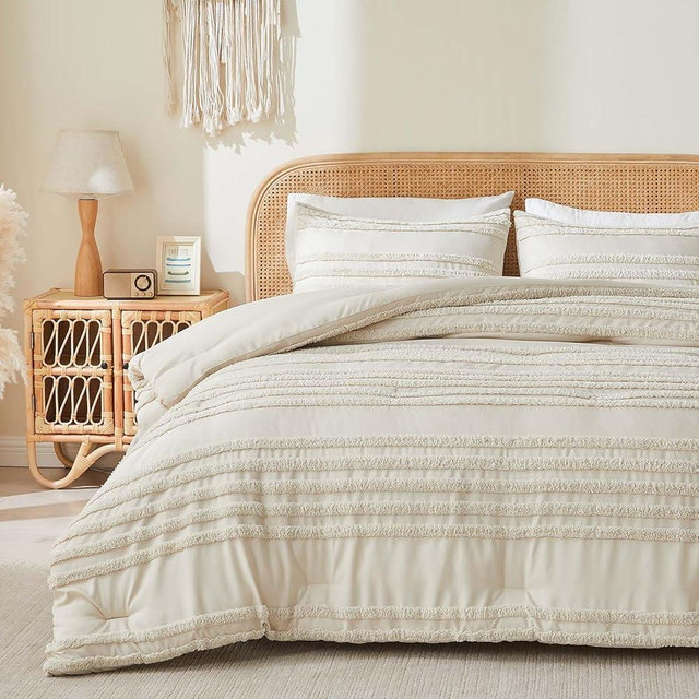 BEDELITE Boho Comforter Set Queen Size, Beige Tufted Striped Bed Set 3 Pieces, Soft Vintage Farmhouse Comforter for All Seasons, Boho Home Decor,Fluffy Jacquard Bedding with 2 Pillow Shams
