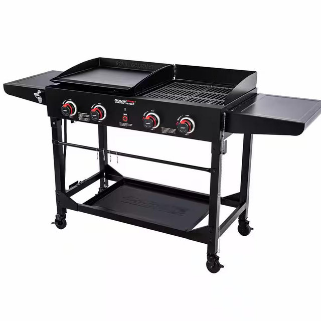4-Burner Portable Flat Top Propane Gas Grill and Griddle Combo with Folding Legs, 48,000 BTU in Black