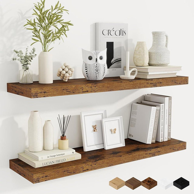 Fun Memories 36 Inch Floating Shelves, 9.3 Inch Deep Rustic Wall Shelves - Extra Deeper Wall Mounted Storage Shelves for Bathroom, Kitchen, Living Room (Brown, Set of 2)