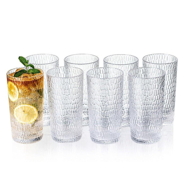 MIYOPESI 22oz Clear Acrylic Glasses Drinkware (Set of 8), Honeycomb Stackable Shatter-Proof Plastic Tumblers, Reusable Plastic Drinking Glasses, BPA-Free, Dishwasher-Safe