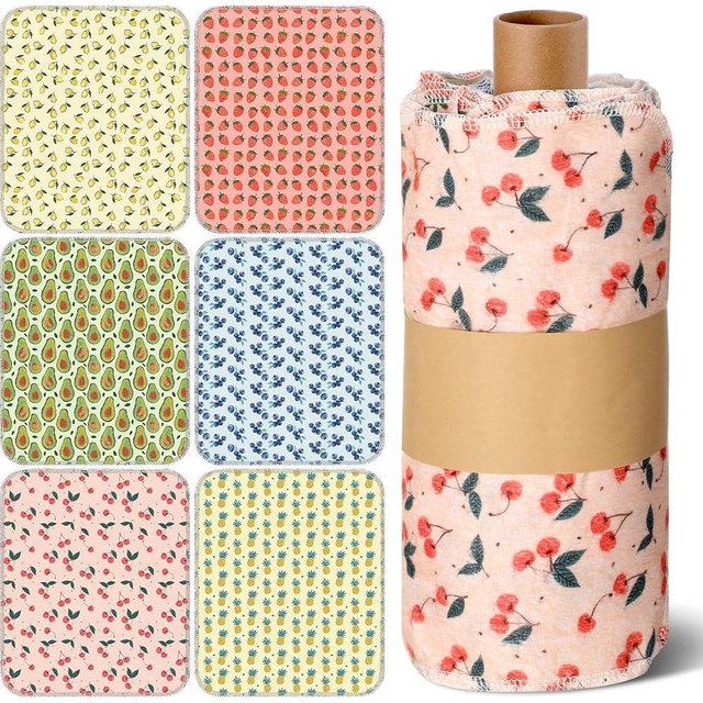 Redbaker 30 Pcs Reusable Paper Towels Rolls Kitchen Towels Bulk Washable Paperless Cloth Cotton Hand Napkins with Cardboard Reusable Napkins for Kitchen Bathroom (Fruit Style)