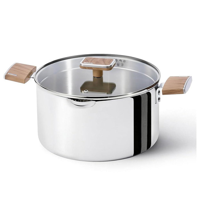 CAROTE 6QT Stainless Steel Stock Pot with Glass Lid, Large Soup Pot with Wood-Grain Handles, Deep Pot for Soup, Pasta & Stew