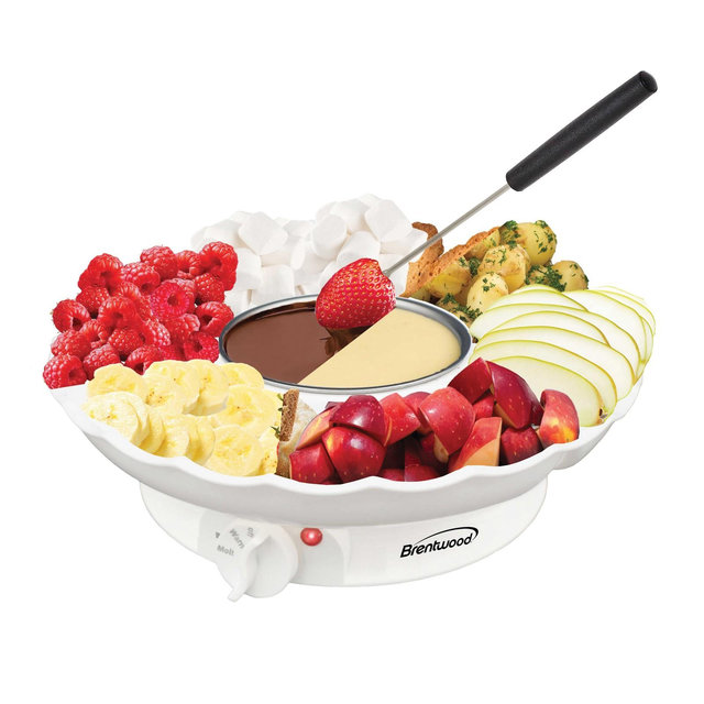 Brentwood 25-Watt Electric Fondue Pot Set with 3-Section Tray and 4 Dipping Forks, White