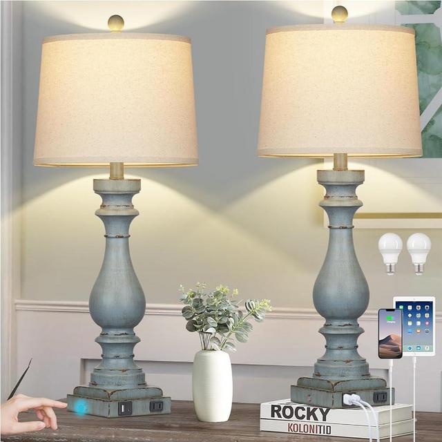 Cinkeda 29" Tall Table Lamp for Living Room Set of 2,Coastal Bedside Nightstand Lamps with USB C+A Ports & AC Outlet,3-Way Dimmable Touch Control Retro Blue Desk Lamp for Bedroom,Color 3