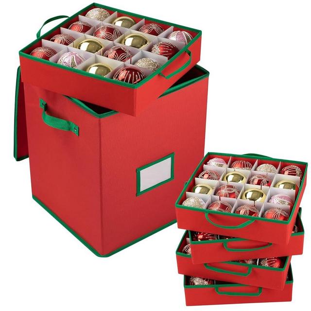 OIAHOMY Ornament Storage Box Holds 80 Christmas Ornaments, Christmas Ornament Storage Include Trays and Zippers, Ornament Organizer with Handle, Made of 600D Oxford Fabric - Red