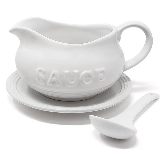 KOVOT 24 Oz Gravy Boat, Tray and Ladle Set - Perfect for Gravies, Sauces, and Dressings - White Elegant Ceramic with The Word "Sauce" On It
