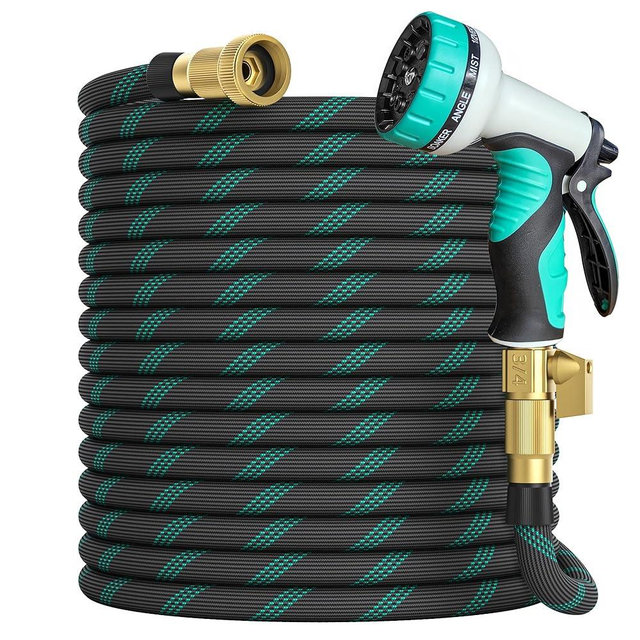 Garden Hose 50 ft, 2025 Upgarded Flexible Water Hose 50ft With 10-Pattern Spray Nozzle, Kink-Free, Lightweight, Durable, Leak-Proof Solid Brass Fittings (Black & Cyan)