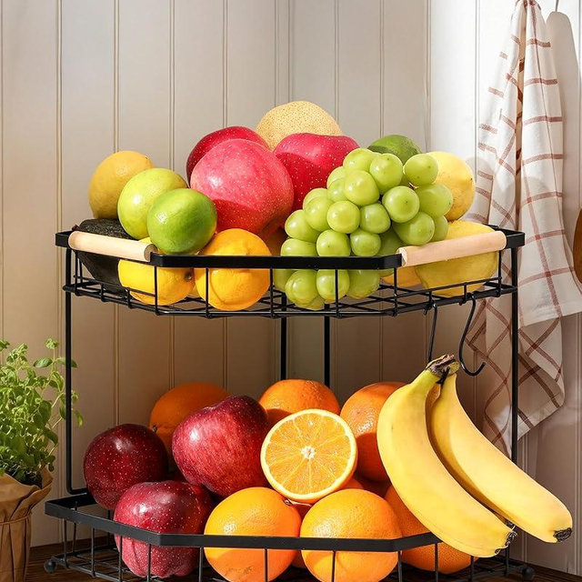Snuvid 2 Tier Corner Fruit Basket for Kitchen Counter with Banana Hangers, Detachable Fruit Bowl with Wooden Handle, Metal Corner Rack for Fruit and Vegetable Storage, Kitchen Countertop Organizer