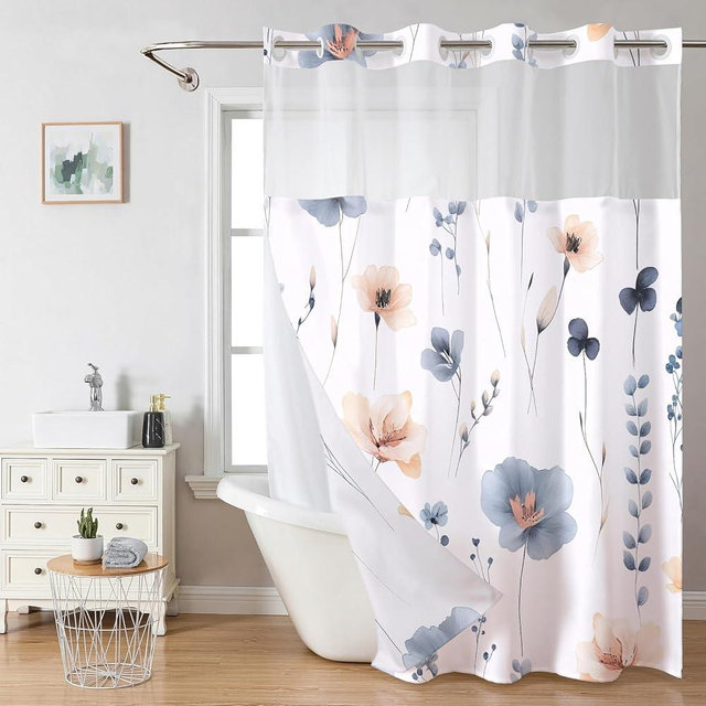 No Hook Floral Shower Curtains with Snap-in Liner Set for Bathroom, Hotel Style Double Layers with See Through Mesh Top Window, Blue Beige Flower Fabric Bath Curtain Home Décor, 71x80 Inch