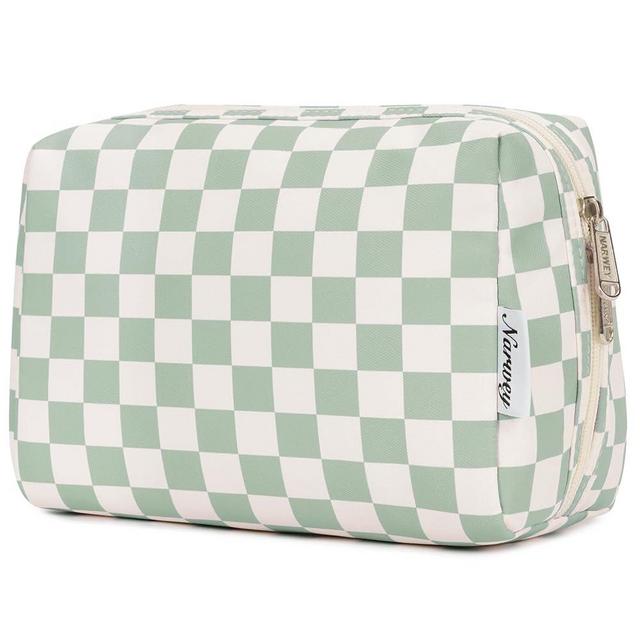 Narwey Checkered Makeup Bag Travel Cosmetic Bag Organizer Toiletry Bag Make Up Bags with Compartments for Women Girls (Large, Mint Green Checkerboard)