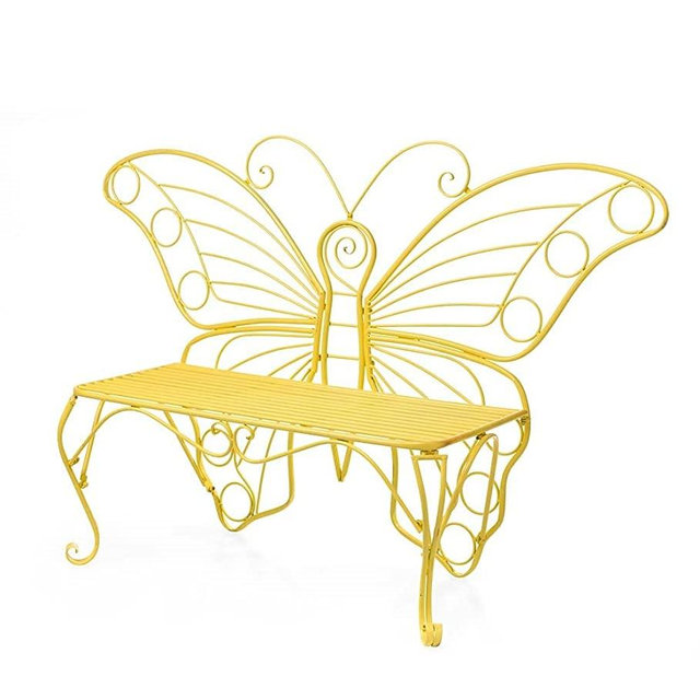 Plow & Hearth Butterfly Steel Garden Bench Outdoor Furniture for Patio, Park, Lawn, Deck Yellow Powder-Coat Finish