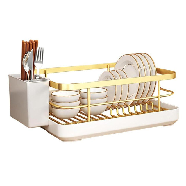 ZHQZZPH Gold Dish Racking Rack for Kitchen Counter, Carbon Steel Space-Saving Design with Removable Drip Tray & Cutlery Holder, Efficient Drainer for Daily Use, Durable and Stylish in Golden Finish