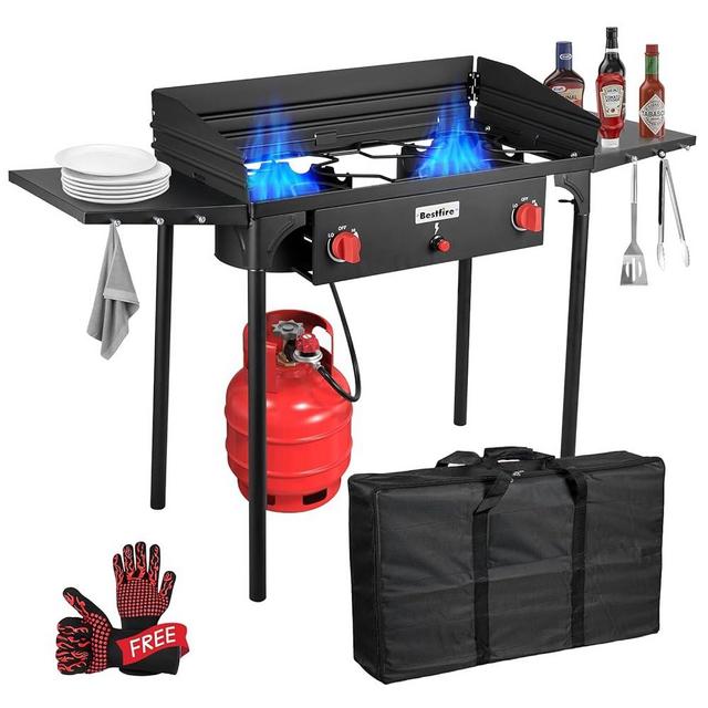 Bestfire 2 Burner Camping Stove with Windscreen& Side Shelves, Bag, Auto Ignition Button,Regulator,150,000 BTU High Pressure Camping Stove Propane Burner With Removable Legs for Outdoor BBQ&Backyard