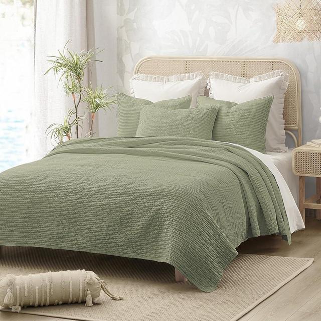 Wonderful Natural Linen Cotton Quilt - Wave Stitched Sage Green Queen Quilt, 100% Cotton Filling, Pre-Washed, Soft & Breathable, Hypoallergenic, All-Season Use, Bedspread & Coverlet Bedding, 104"x94"