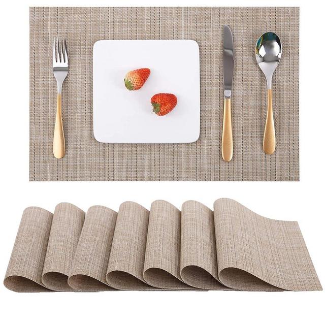 Myir JUN Place Mats, Table Mats Set of 8 Indoor Placemats Washable Non-Slip Heatproof Woven Placemats for Dining Table Fabric Place Mat PVC (Beige, Set of 8)