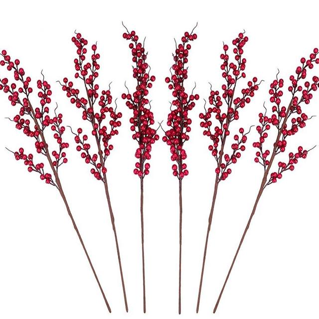 GREENTIME 6 Pack Red Artificial Long Berry Stems Fake 25.2" Christmas Picks Faux Holly Berries Branches for Christmas Wreath Vase Holiday Home Decor