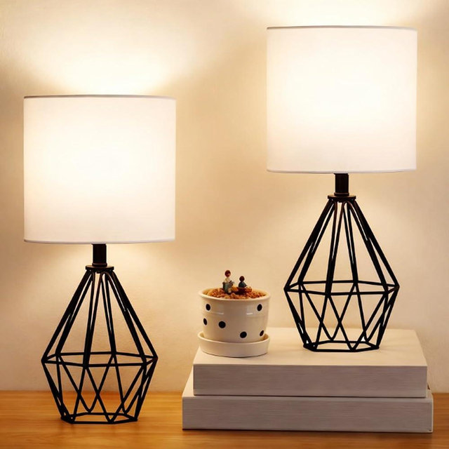 KRASTY Small Table Lamp Set of 2 Black, Bedside Lamps with White Fabric Shade, Cute Desk Lamp with Metal Cage & Linen Lampshade, Modern Nightstand Lamp for Bedroom, Living Room, Kids Room, Office