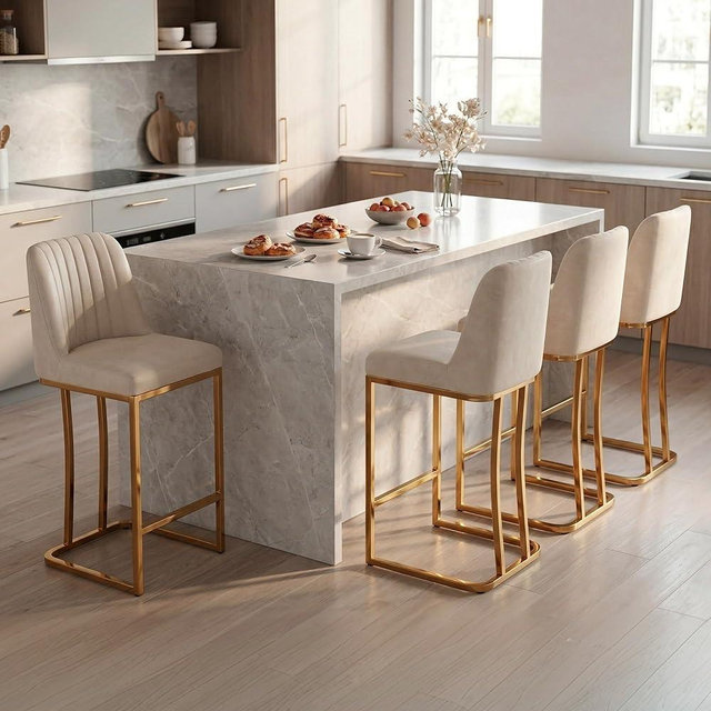 LSSBOUGHT Counter Height Bar Stools Set of 4, Beige Counter Stools with Back and Gold Metal Frame,Modern Barstools with Footrest, Upholstered Leathaire Bar Chairs for Kitchen Island(4pcs,Beige)
