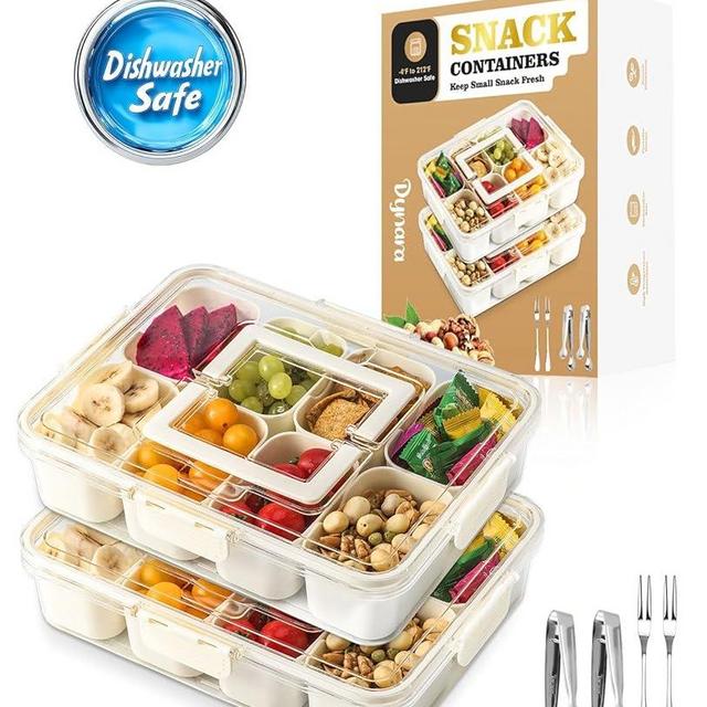 2 Pack Snackle Box Container - Dishwasher Safe, German Heat-Resistant Material, Divided Trays with Lid & Handle, Perfect for Fridge Organization, Travel, Charcuterie Boards & Portable Snack Platters