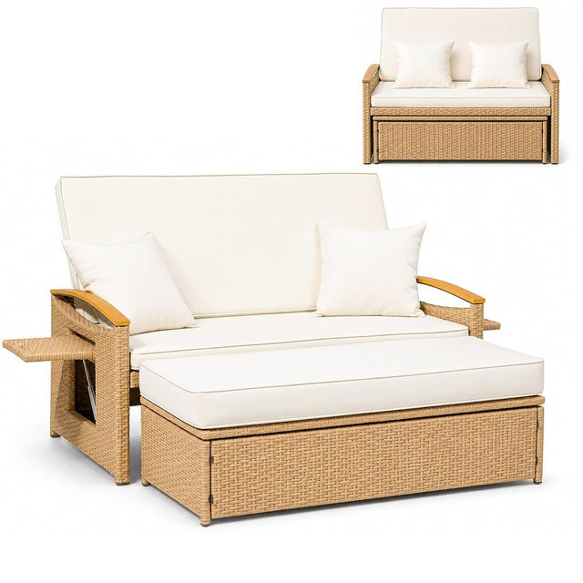 Ancelny Boho Outdoor Daybed, Natural Rattan Patio Loveseat with Storage Ottoman & All-Weather Plastic Wood Armrests, 1-Box Delivery Double Chaise Lounge w/Weather-Resistant Cushions,Beige