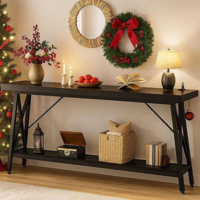 Homieasy 70.9 Inch Extra Long Console Table, Industrial Sofa Table Behind Couch with Charging Station & Storage Shelf, Entryway Table for Living Room & Entryway, Black