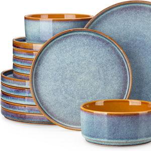 vancasso ONION Ceramic Plates and Bowls Sets, 18 Pieces Blue Dinnerware Sets for Kitchen, Reactive Glaze Dishes Set for 6, Dishwasher and Microwave Safe