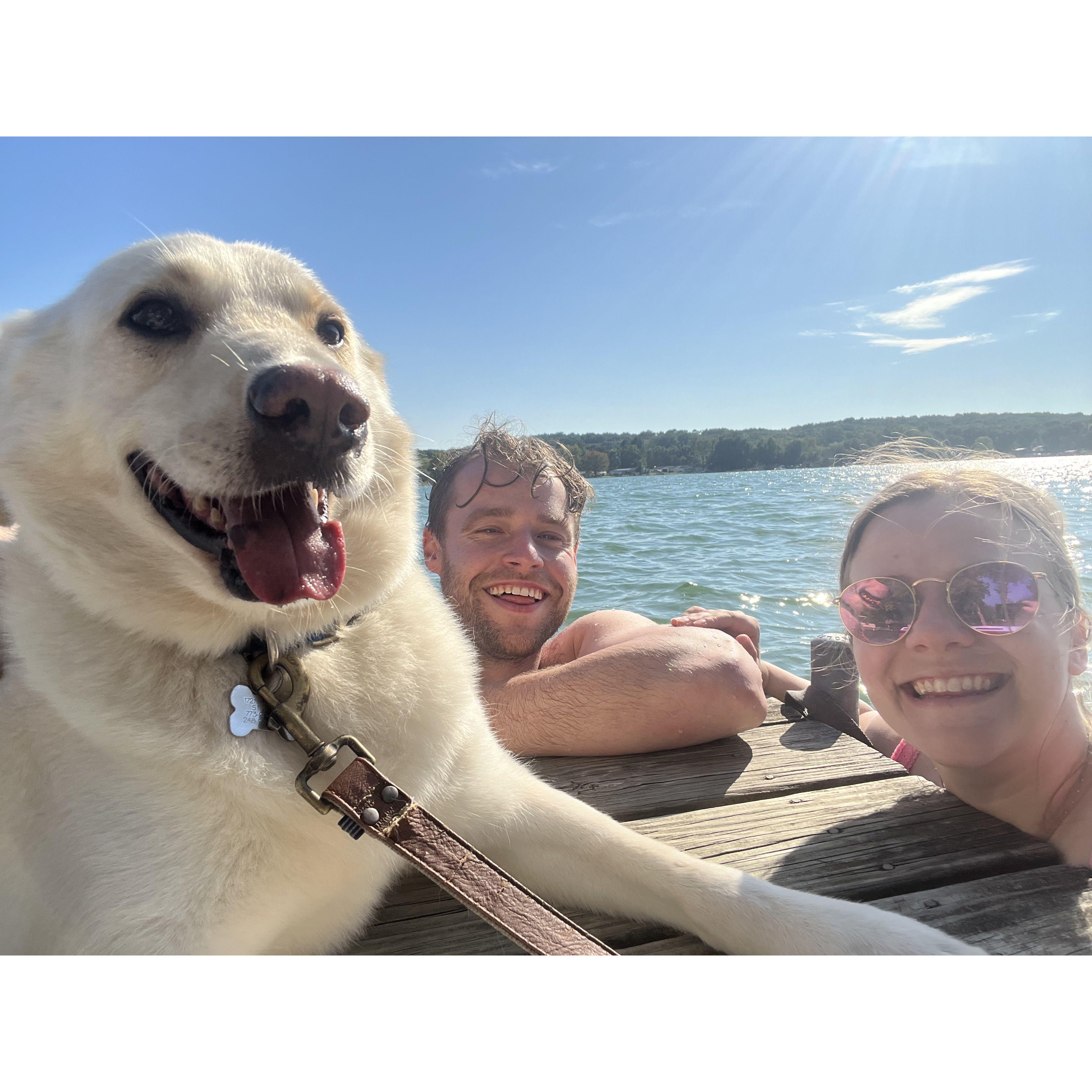 June 2023: Gilbert's first trip to Hallie's family's cottage. Gil was NOT a fan of swimming in the lake