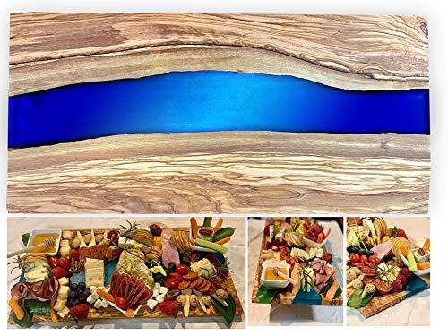 Resin Charcuterie Board, Olive Wood, Live Edge, Cheese Board, Wood Serving Tray Platter, Cutting Board, Perfect for Wine, Crackers and Meat, Large 18" Size