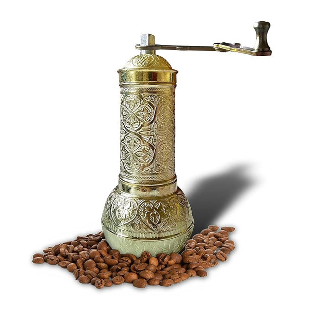 Manual Coffee Grinder, Refillable Turkish Style Coffee and Pepper Grinder, Manual Coffee Mill with Foldable Handle (Gold Color)
