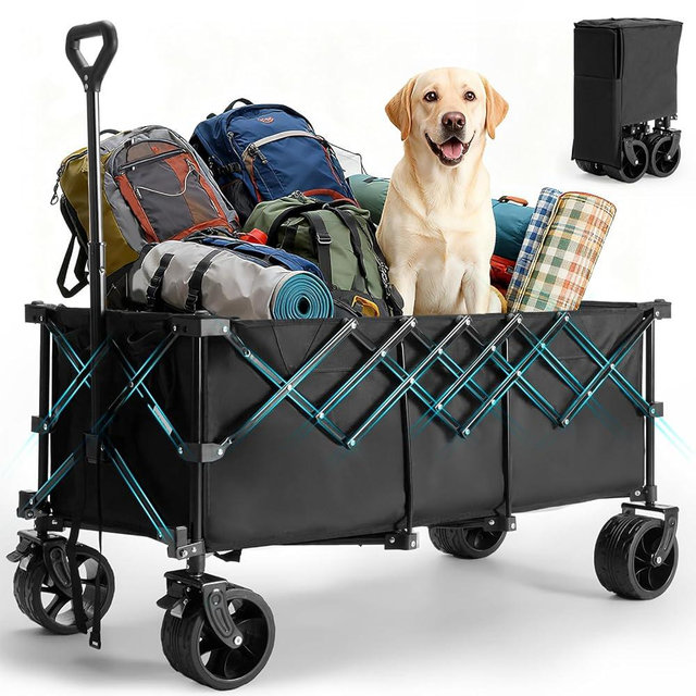 OLIXIS Collapsible Wagon Cart - 440lbs Foldable Extra Long Heavy Duty Utility Wagon with Wheels, Portable Storage Grocery Cart for Camping, Shopping, Sports, Beach, Garden (Black, 48" L)