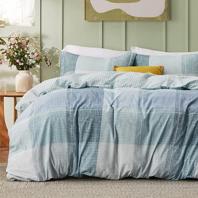 Bedsure Duvet Cover Queen Size - Reversible Buffalo Plaid Duvet Cover Set with Zipper Closure, Blue Bedding Set, 3 Pieces, 1 Spring Duvet Cover 90"x90" with 8 Corner Ties and 2 Pillow Shams 20"x26"
