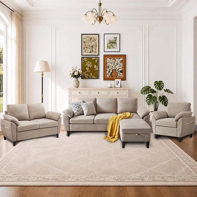 Portaforta 4 Pieces Sectional Sofa Set, 79" Modern L Shaped Couch & Loveseat & Accent Chair, Linen Small Couch Set with Reversible Ottoman, Convertible Couches for Living Room, Apartment, Beige