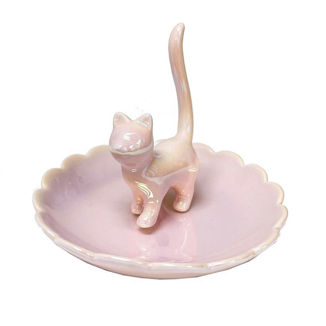 ROSA&ROSE Cat Ring Holder Strolling Kitty Jewelry Tray Ring Dish Trinket Tray Ceramic Jewelry storage Home Deco Gifts (Pearl Pink)