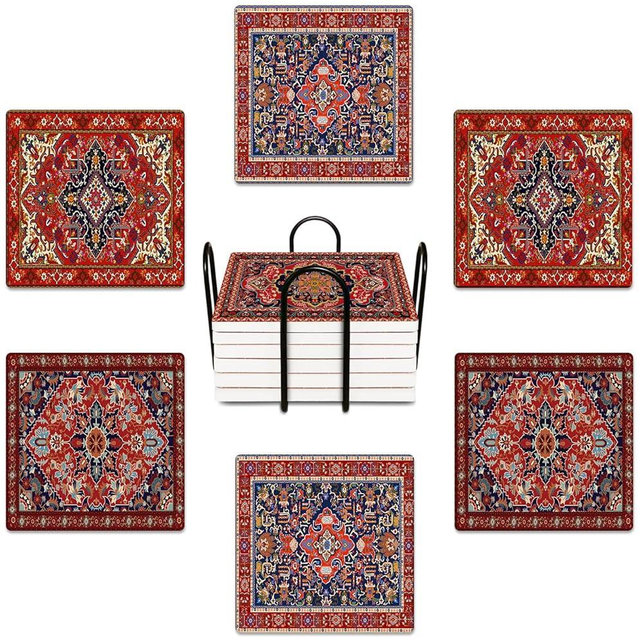 Bribay Coasters for Drinks Set of 6, Tribal Geometric Pattern Absorbent Square Ceramic Stone Mat, with Cork Base and Metal Holder, Gift for Housewarming Room Bar Decor