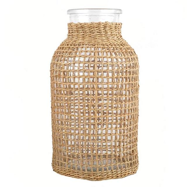 DOITOOL Boho Glass Flower Vase with Rattan Cover, Farmhouse Flower Bud Vase, Round Decorative Flower Vase Floral Container Flower Bottle for Floral Arrangements Housewarming Party Home Decor ( S )