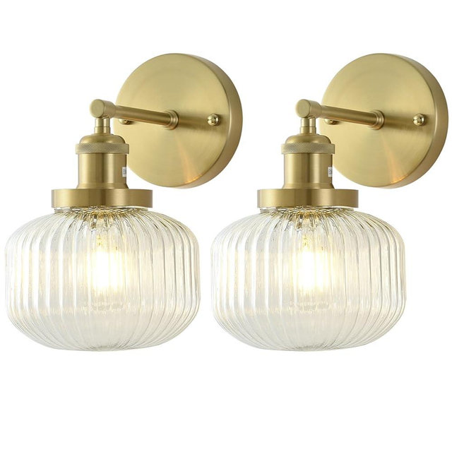 LPINMEIJU Vintage Wall Sconces with Clear Pumpkin Glass Lampshade, Indoor Bathroom Wall Sconce, Modern Gold Industrial Lighting Fixture for Mirror Living Room Hallway 2 Pack